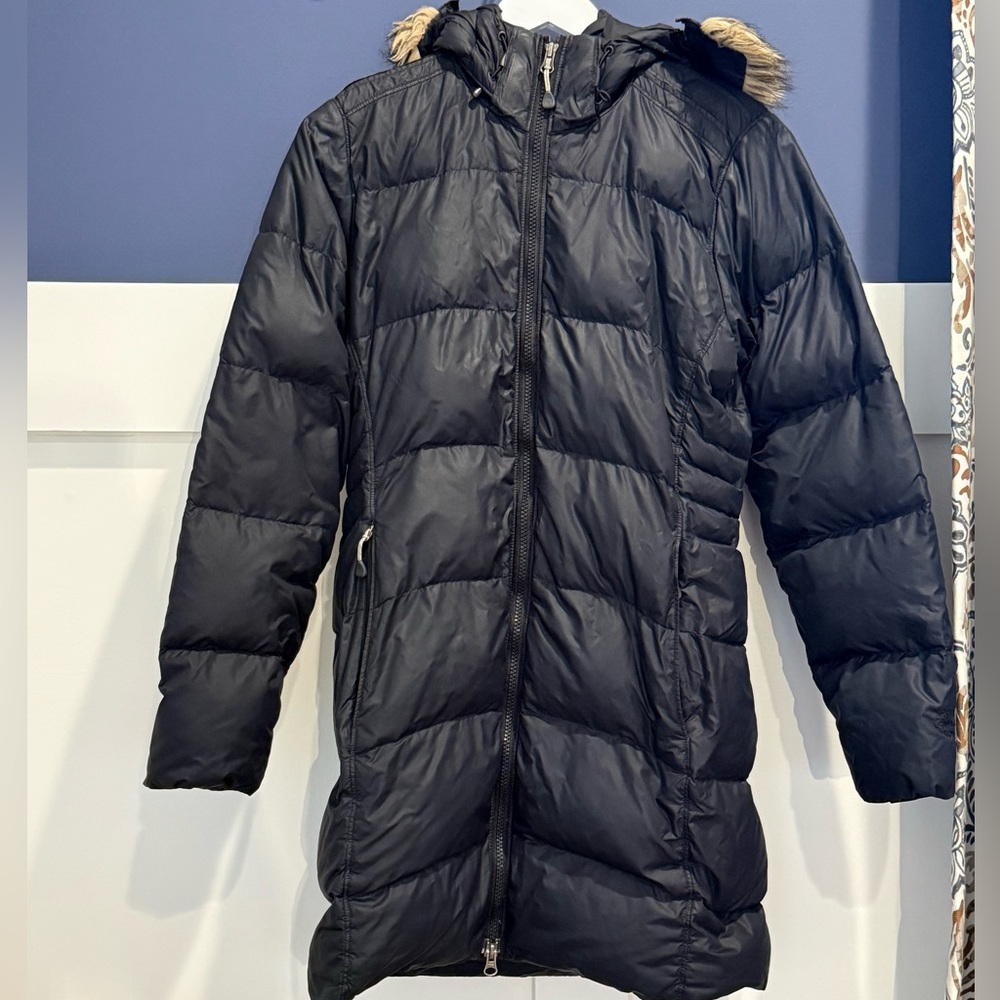 Mountain Hardwear Women's Black Long Hooded Puffer Coat Faux Fur Trim Size XS